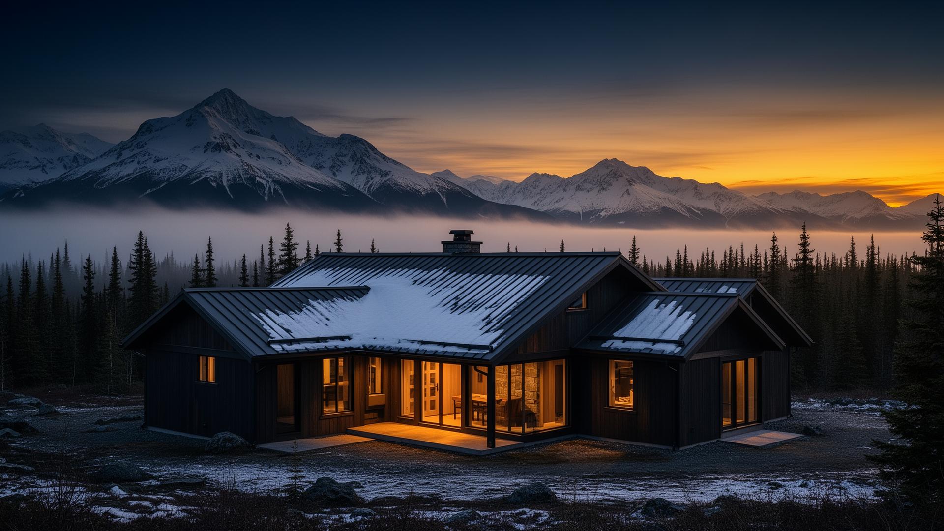 Modern Alaskan home at golden hour with the Kenai mountains behind