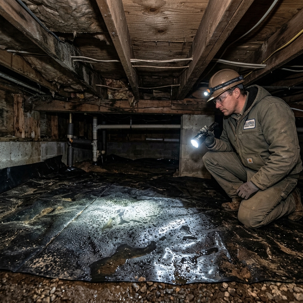 Crawlspace Moisture Inspection checking vapor barrier in Soldotna, Alaska