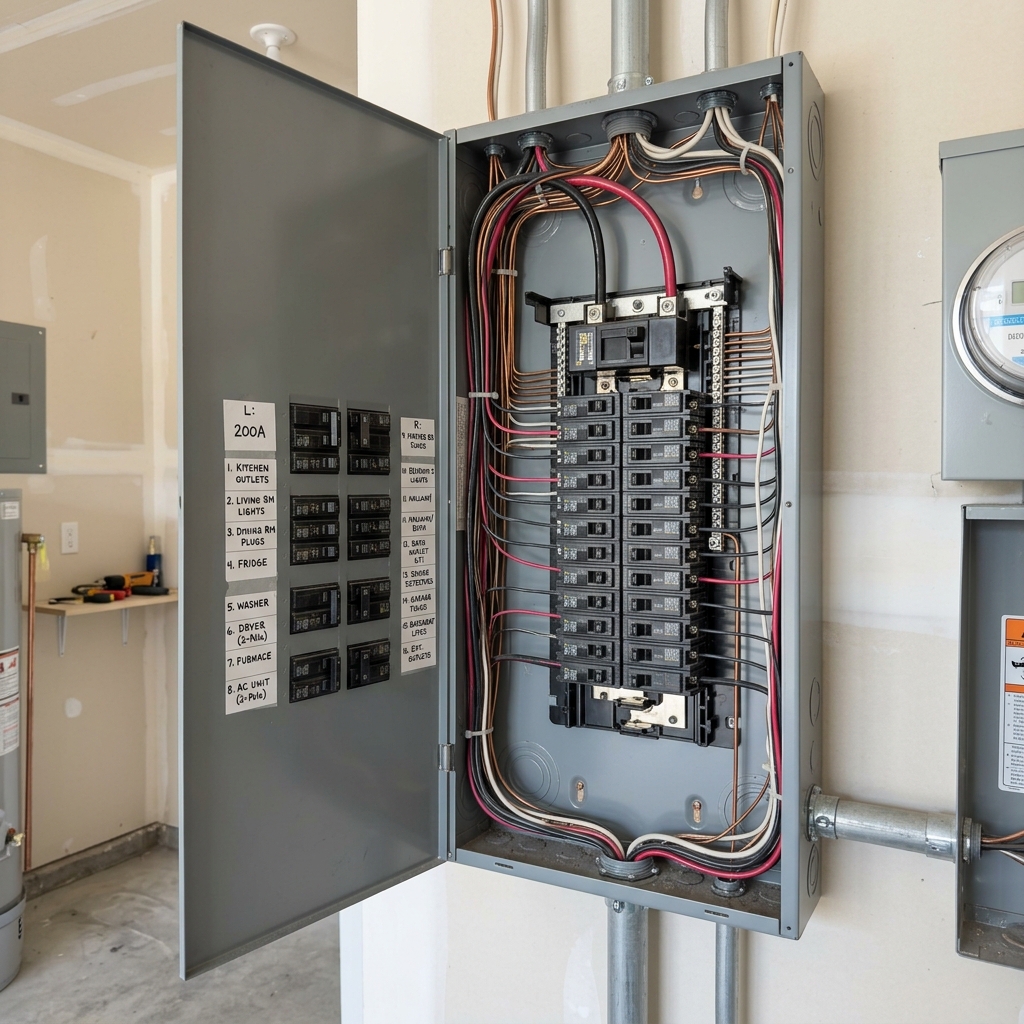 Annotated photo of double-tapped breakers inside residential electrical panel