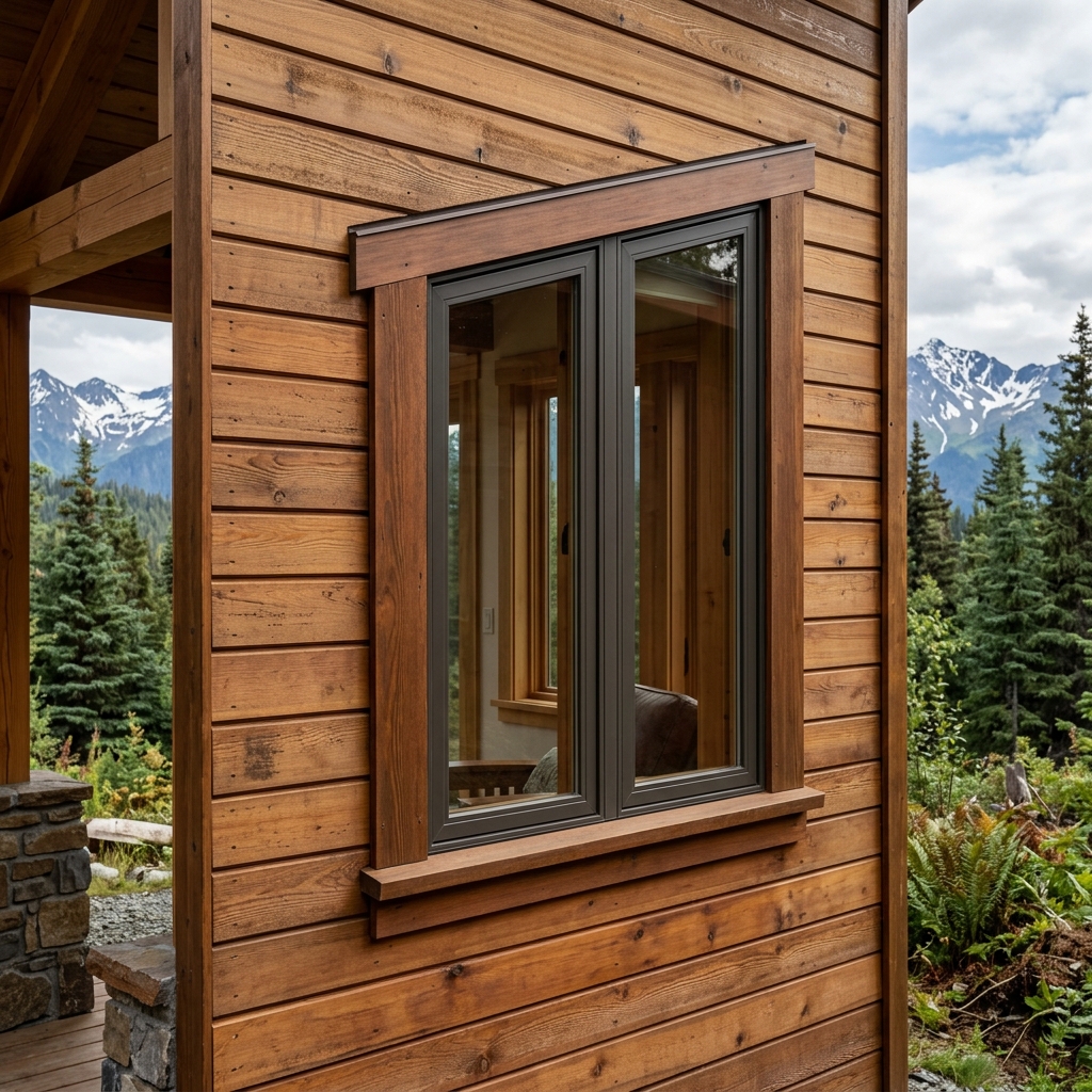 Visual home siding envelope inspection checking vertical cedar wood panels and flashing trim