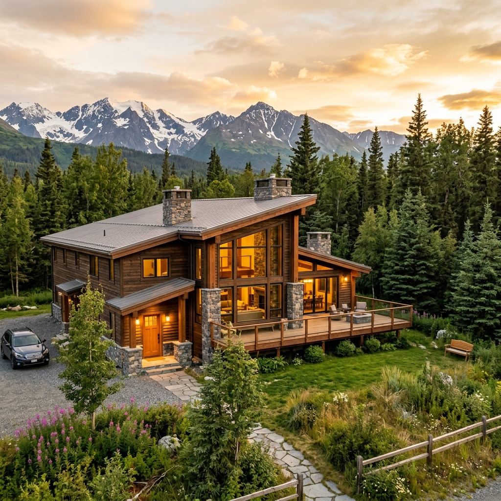 Modern Alaskan home at golden hour with the Kenai mountains behind