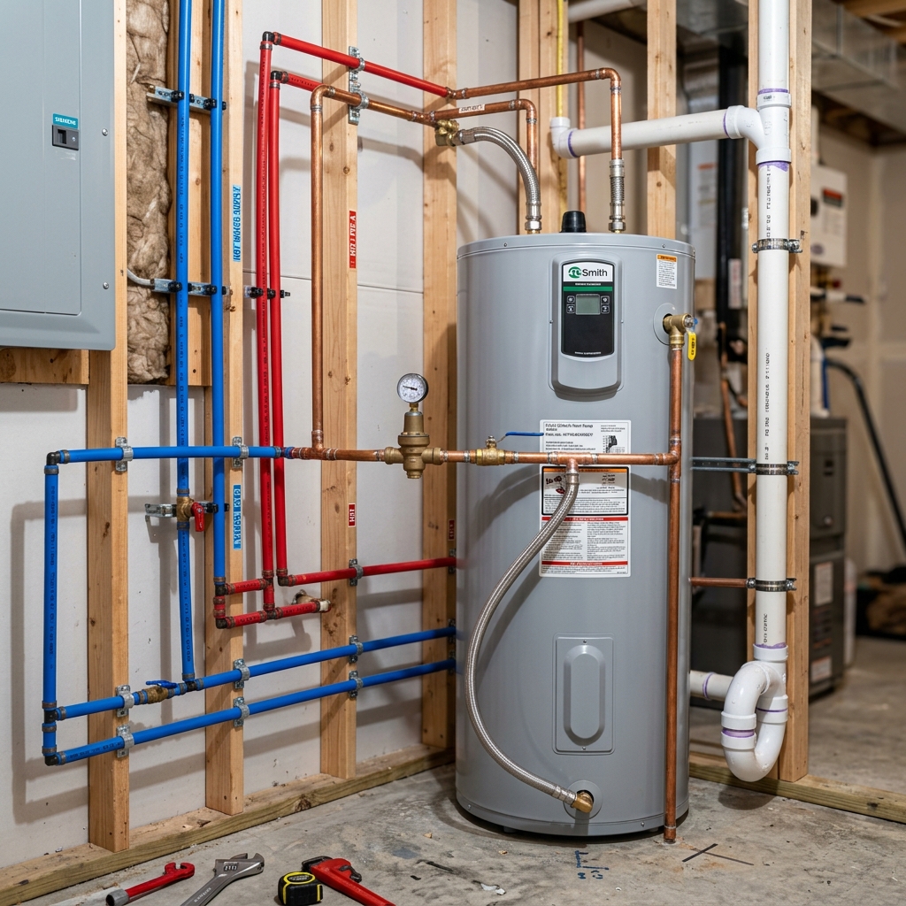 PEX plumbing lines and copper connections near water heater detail in inspection report